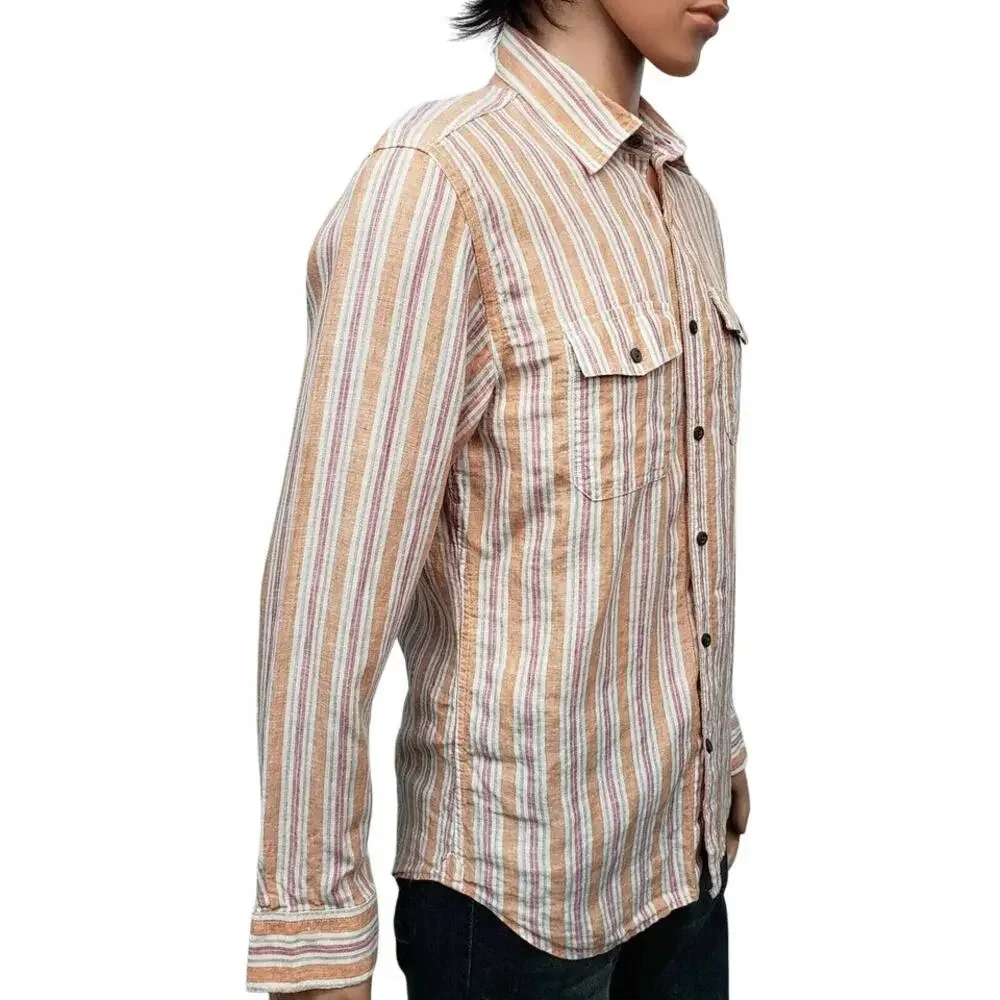 Banana Republic Linen Shirt Men S 14 / 14.5  Orange Stripe Long Sleeve Button Up
